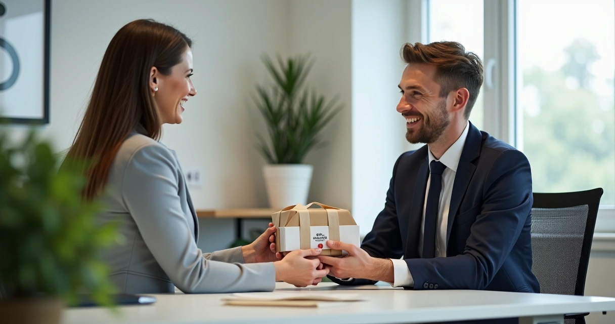 Consultor entregando brinde a cliente em ambiente de atendimento. 
