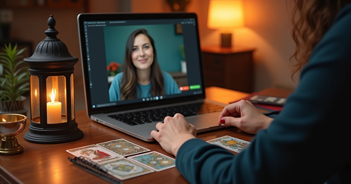 Consultor de tarot online com notebook e mesa 