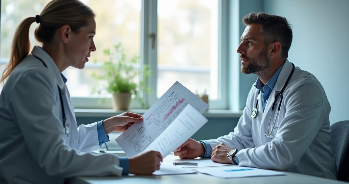 Consultor orientando cliente médico dentro de consultório. 