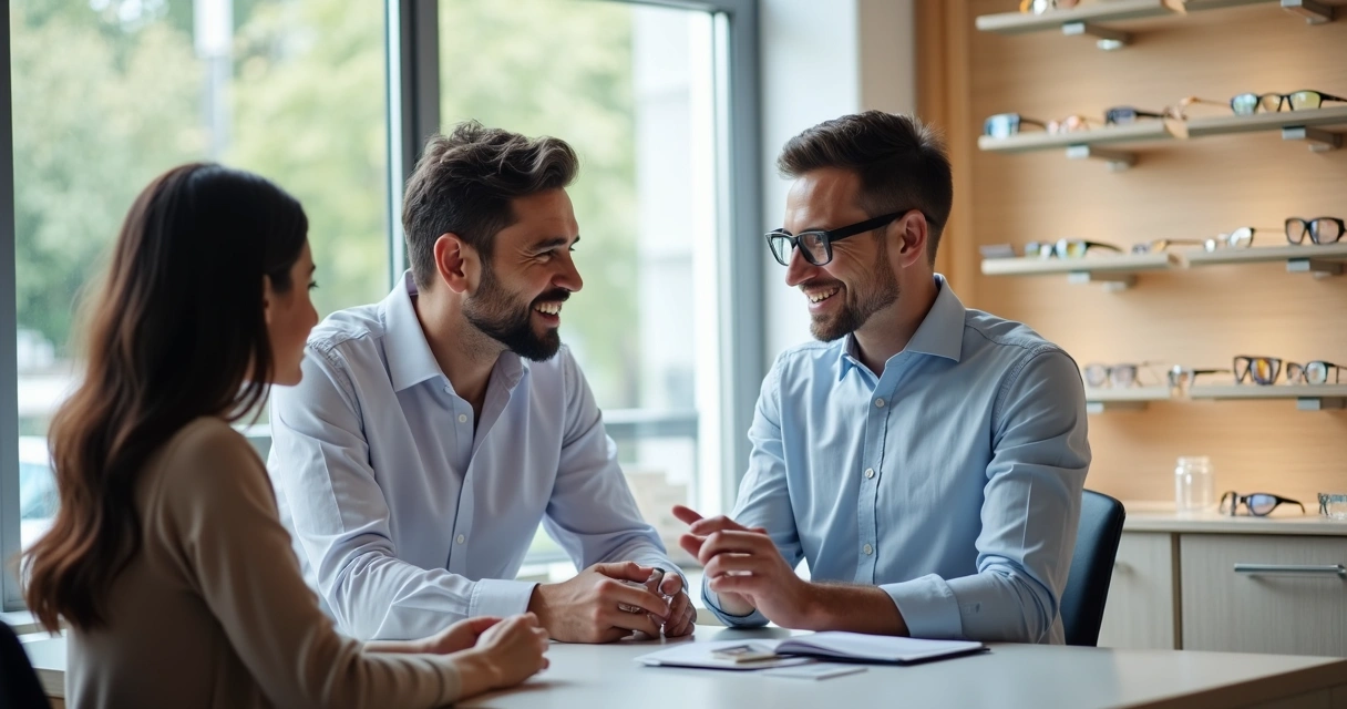 Consultor orienta casal sobre lentes de contato ao lado de vitrine de óptica 