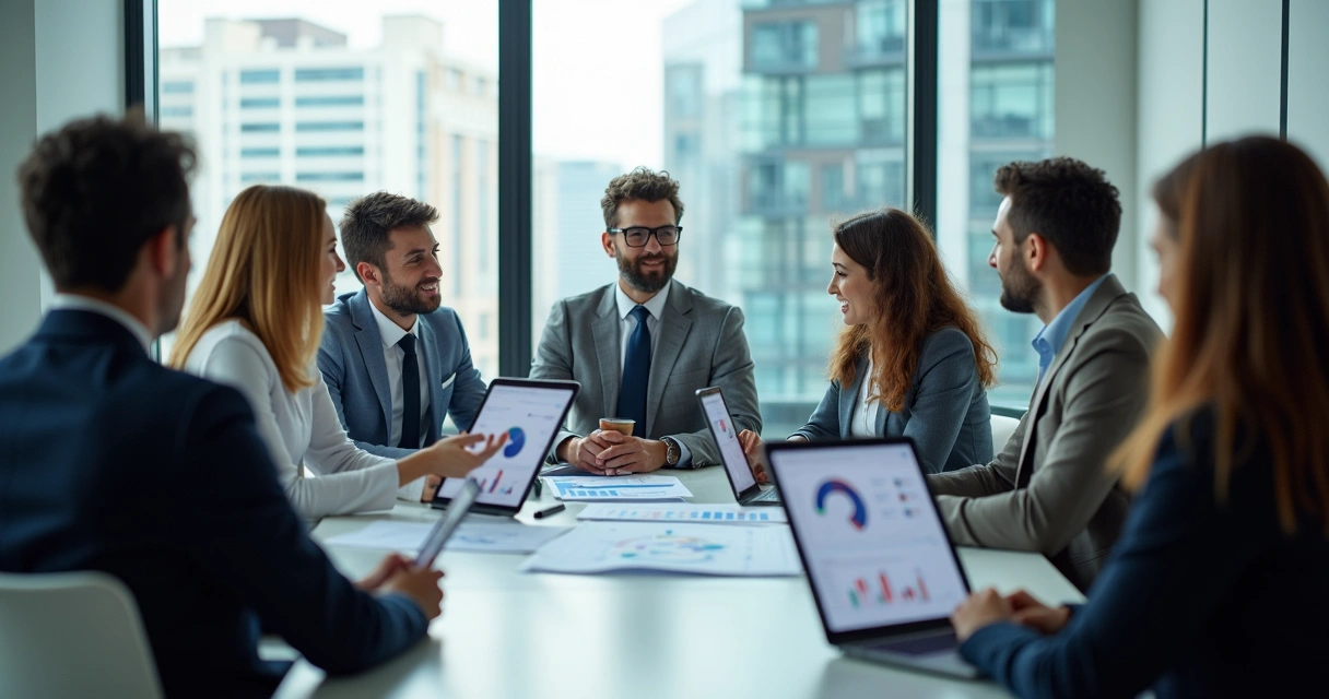 Consultor e equipe discutindo estratégias financeiras em sala de reunião 