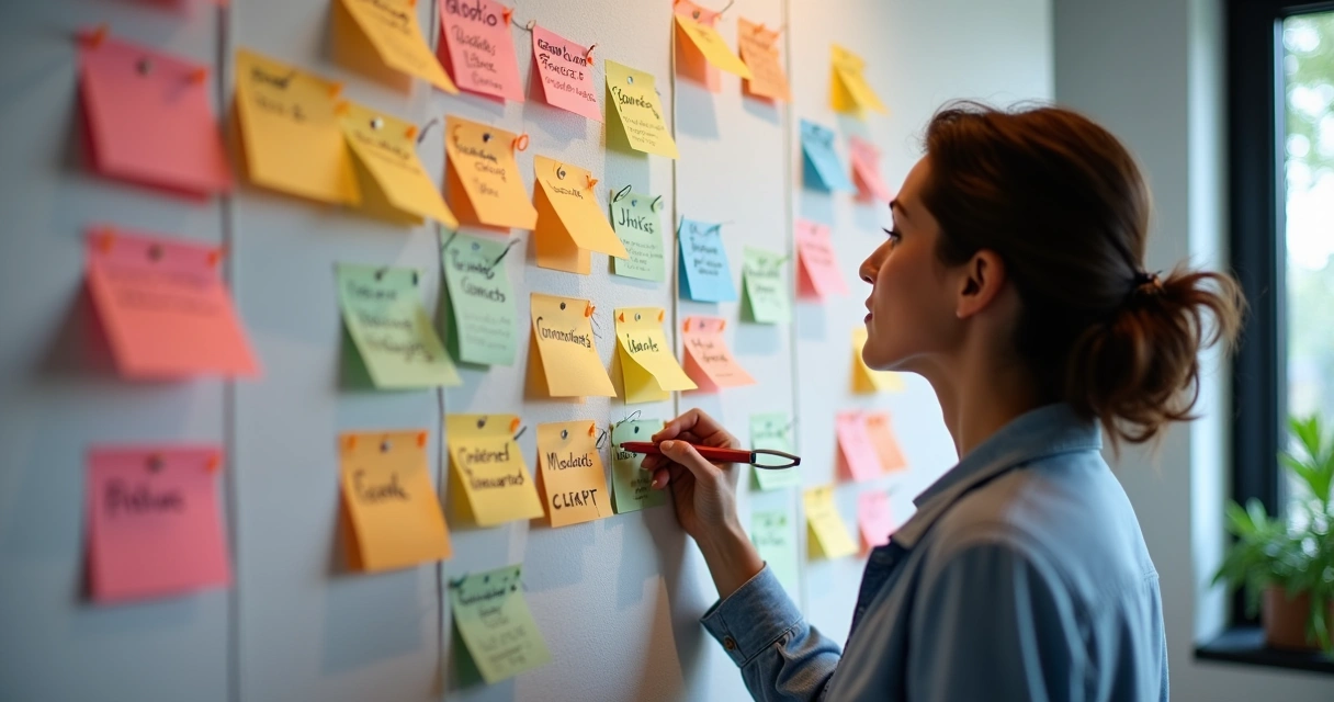 Pessoa revisando com anotações coloridas um mural com cartões representando clientes e etapas do processo de atendimento