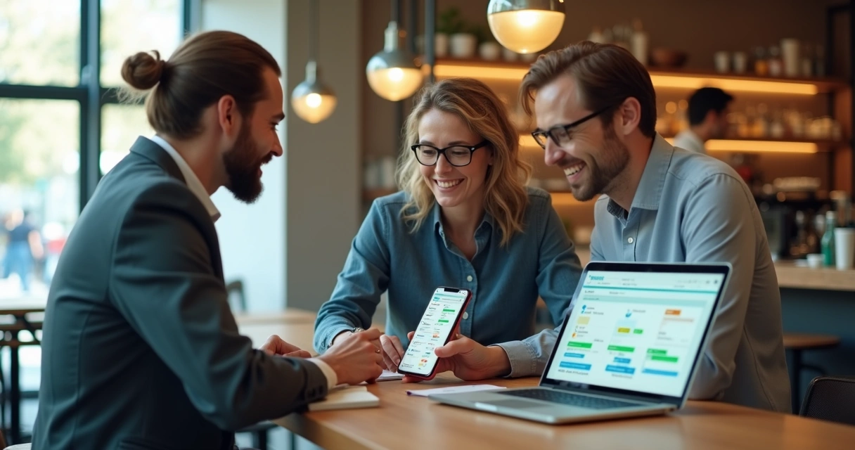 Consultor de planos de saúde mostrando comparativos no celular a dois clientes 