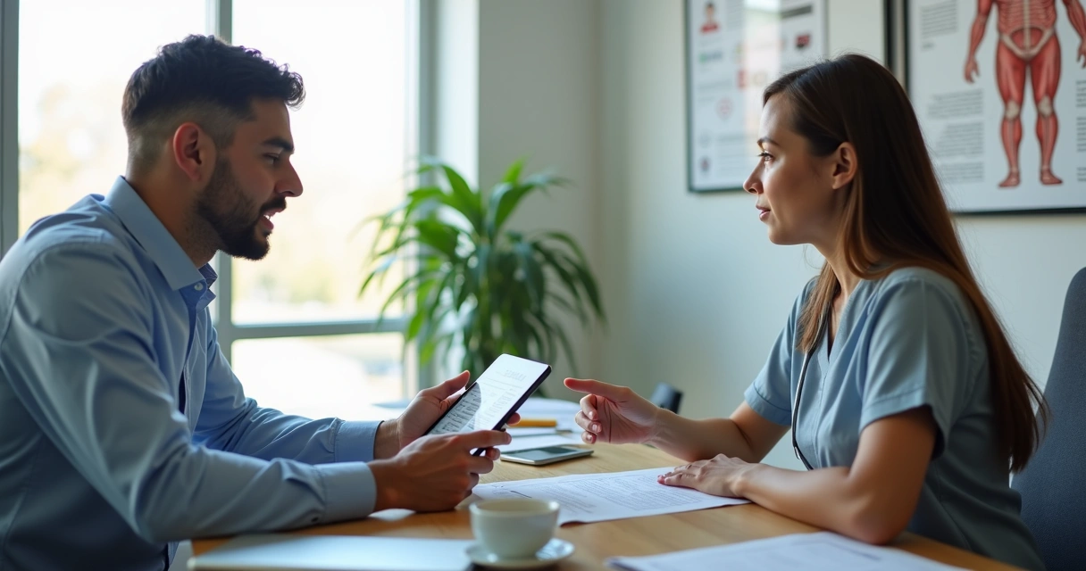 Consultor de planos de saúde explicando opções para cliente em ambiente claro e moderno 