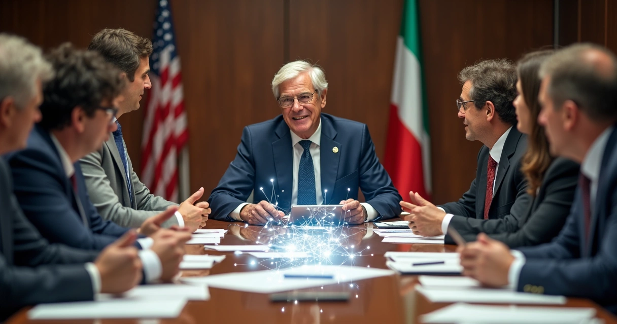 Político em reunião com equipe e apoiadores conectando redes de contatos