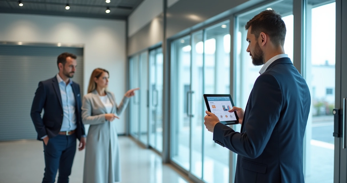 Consultor apresenta opções de portas automáticas em tablet para cliente empresarial 