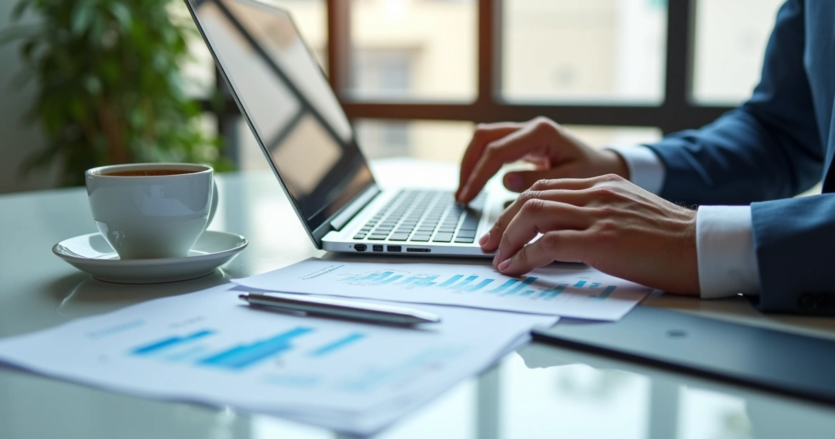 Consultor sentado à mesa, analisando relatório de custos de treinamento corporativo. 