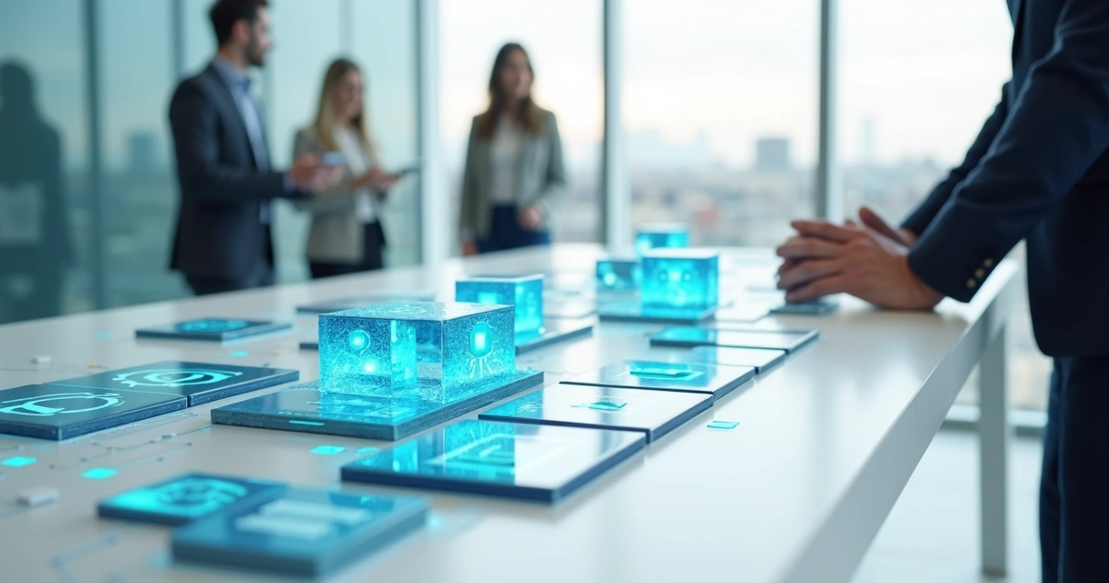 Consultor organizando peças de serviço e IA em um grande tabuleiro modular 