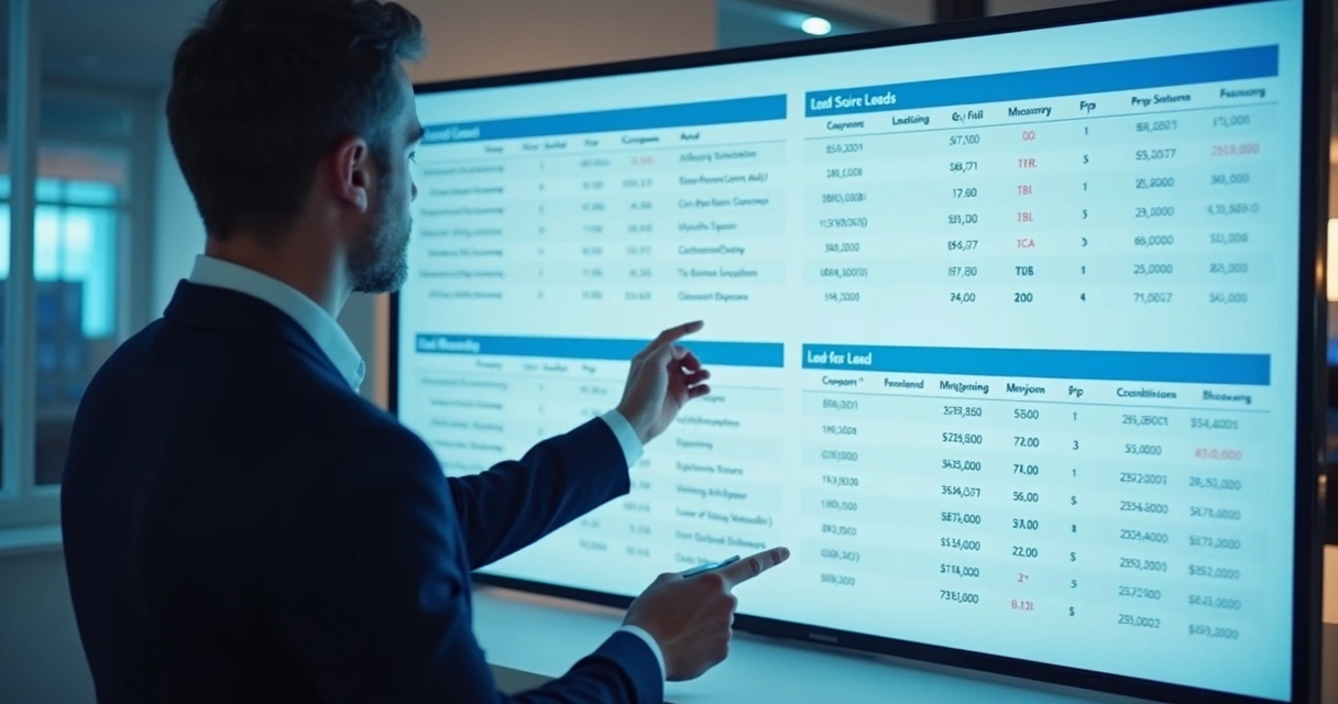 Consultor analisando painel com lista de leads 