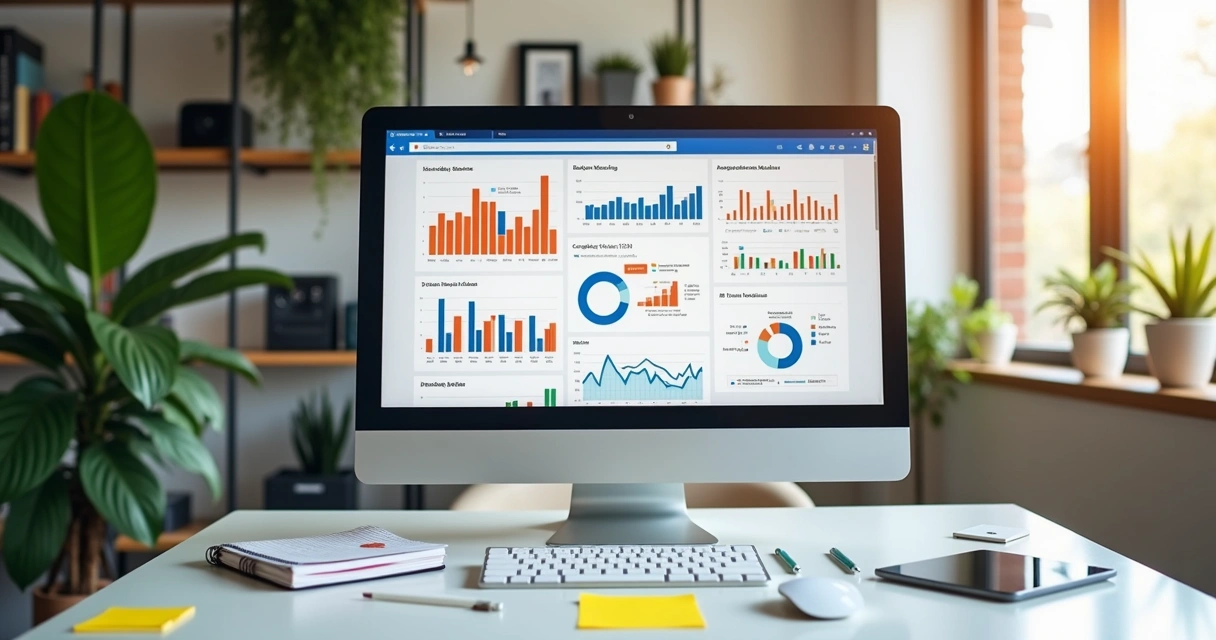 Profissional analisando gráficos de SEO e planejamento de conteúdo em mesa branca 
