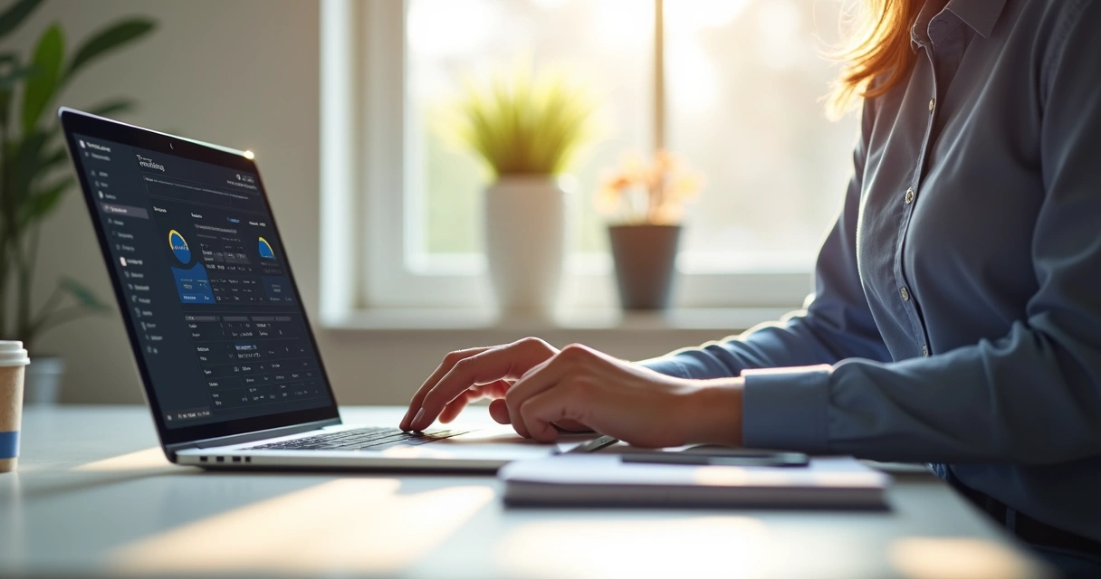 Consultor faz registro de ponto digital em notebook na mesa de trabalho 