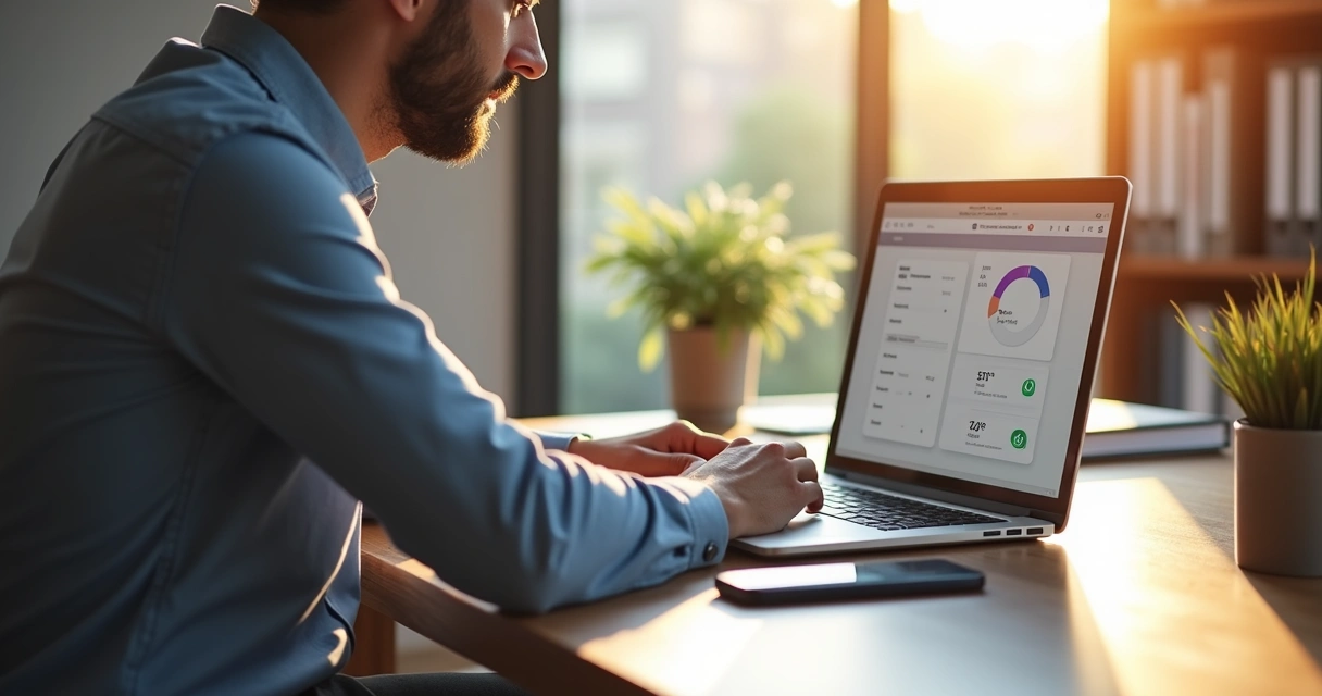 Consultor trabalhando ao computador registrando ponto digital 