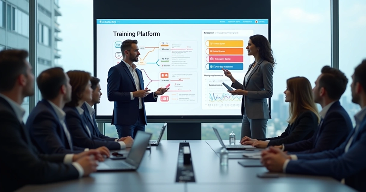 Consultor explicando plataforma de treinamento para grupo de clientes na mesa