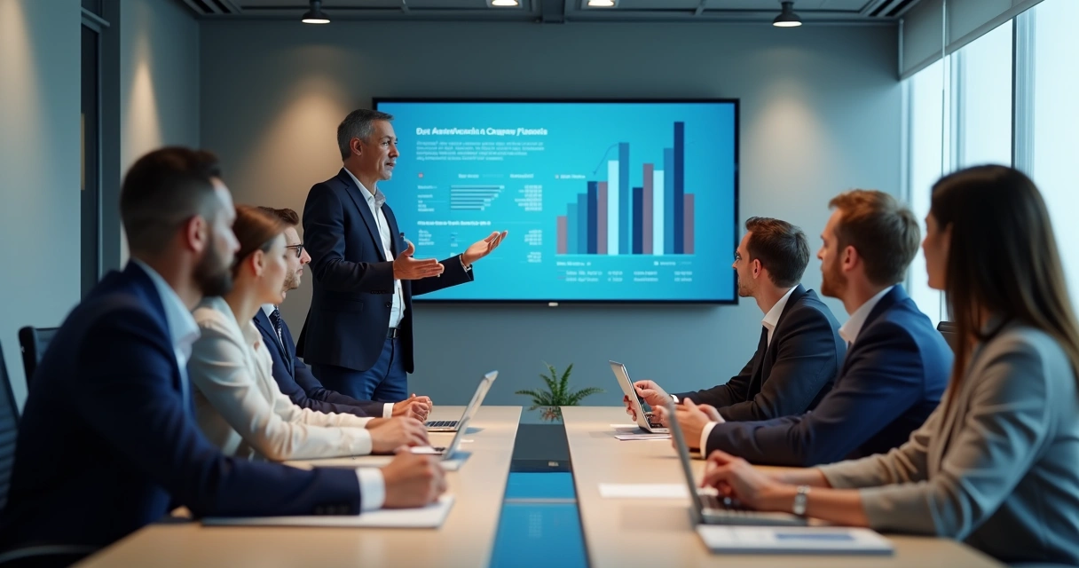 Consultor apresentando opções de valuation para clientes empresariais. 