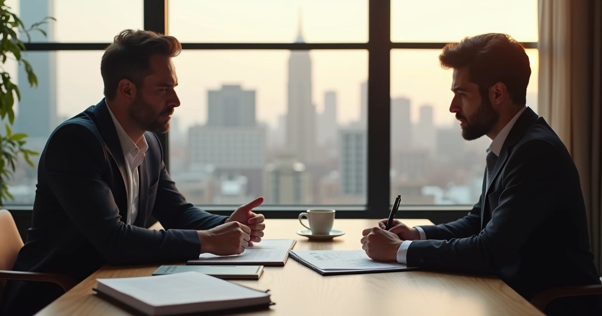 Consultor orientando empresário em reunião sobre relatório anual 