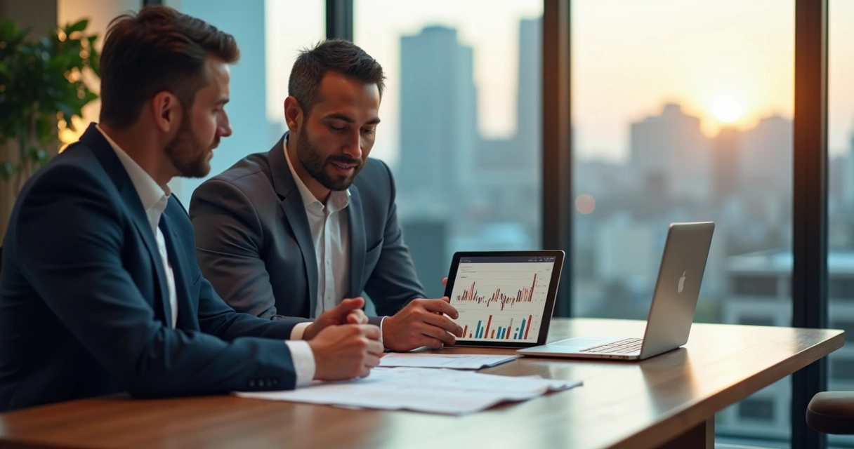 Pessoa apresentando gráficos financeiros para cliente em uma reunião
