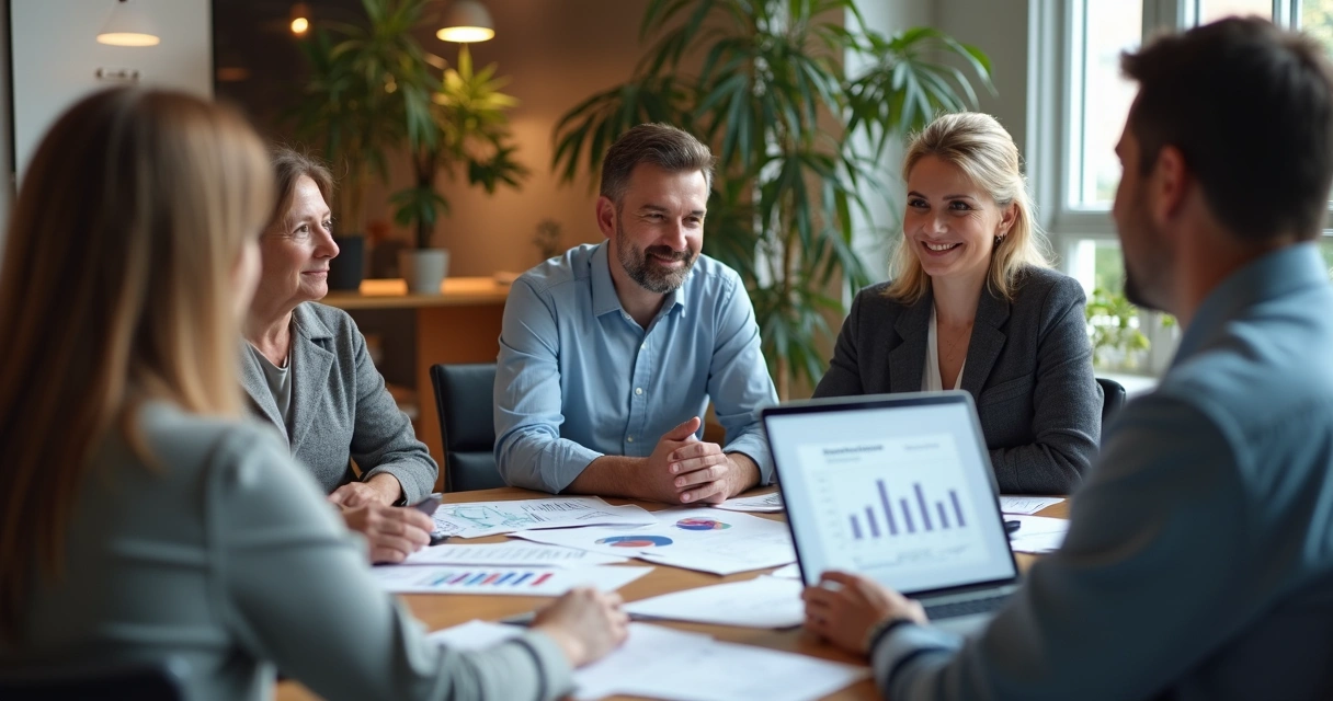 Consultor conversando com família em sala de reunião, usando laptop, gráficos e anotações 