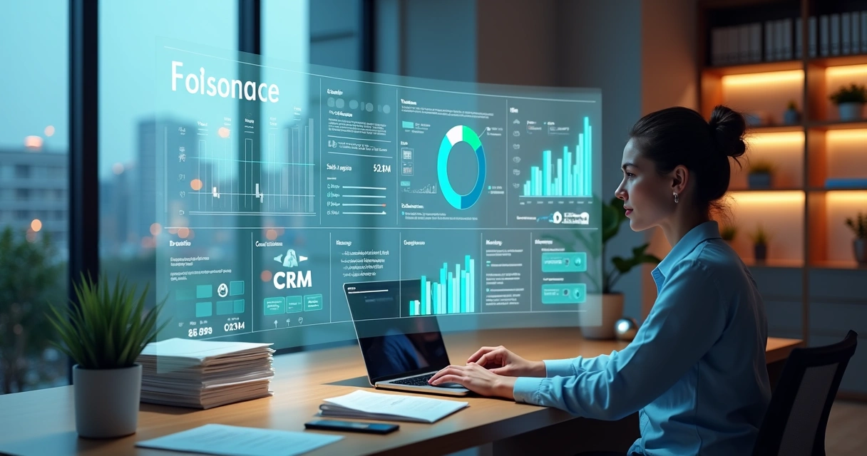 Consultor de saúde analisando painel moderno de CRM em escritório contemporâneo 