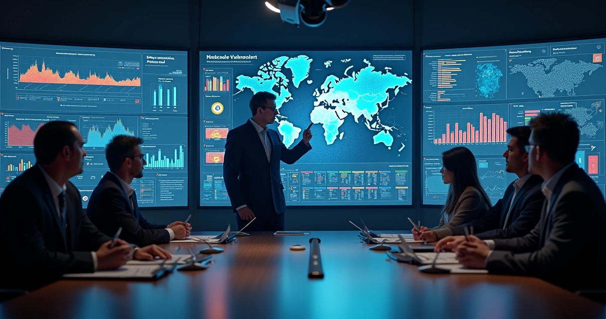 Consultor de segurança explicando resultados de uma análise de vulnerabilidades a gestores em uma sala de reunião 