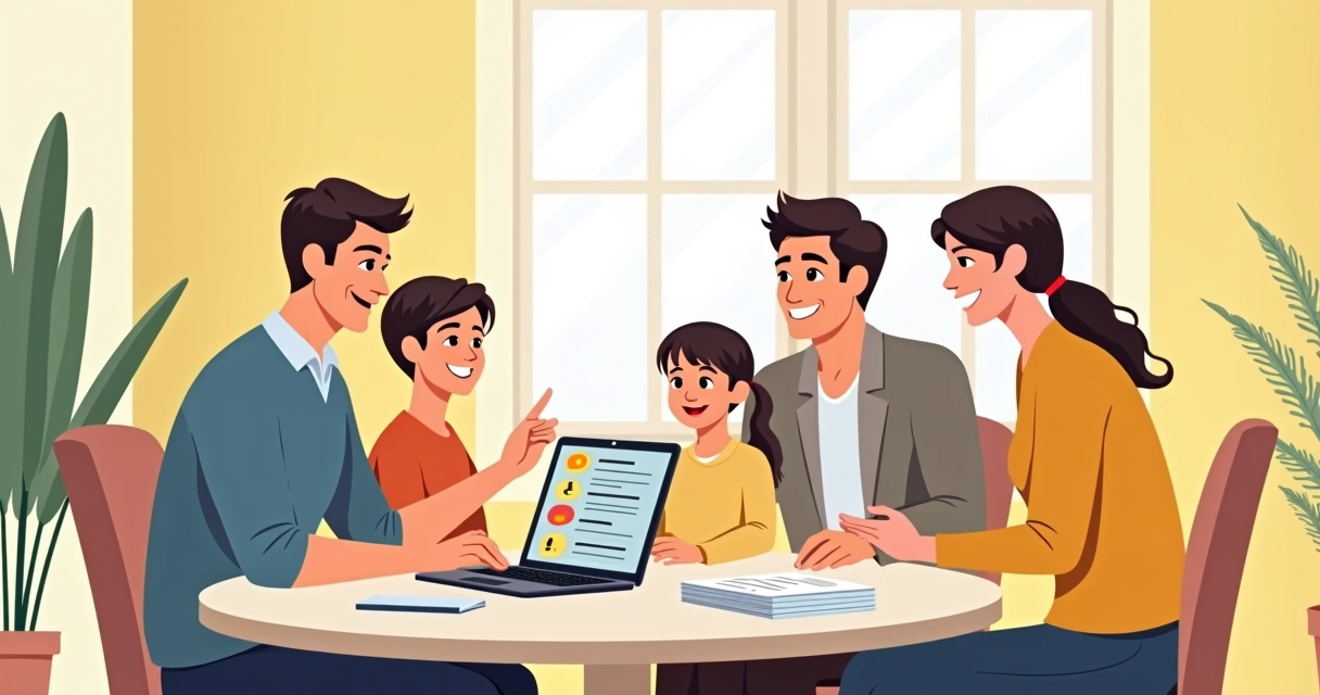 Consultor explicando opções de seguro para uma família em reunião 