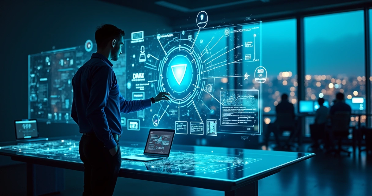 Consultor de software orientando sistema de IA em grande painel holográfico 