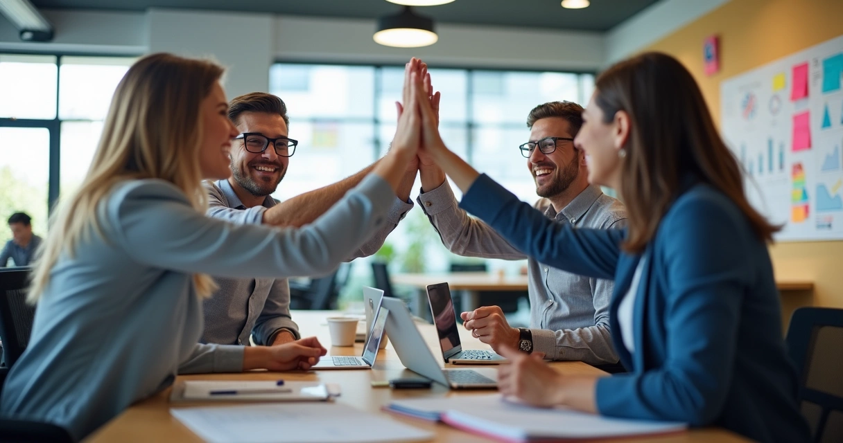 Consultor de vendas B2B celebrando resultado com equipe 