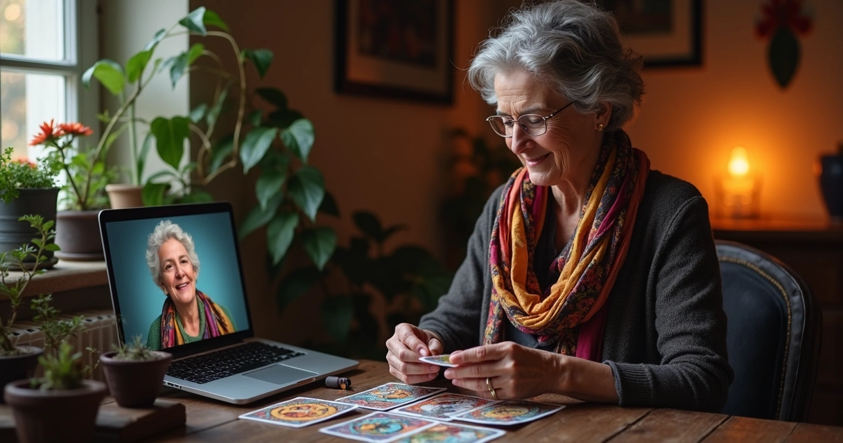 Consultor de tarot experiente mostrando cartas em consulta online ao cliente.
