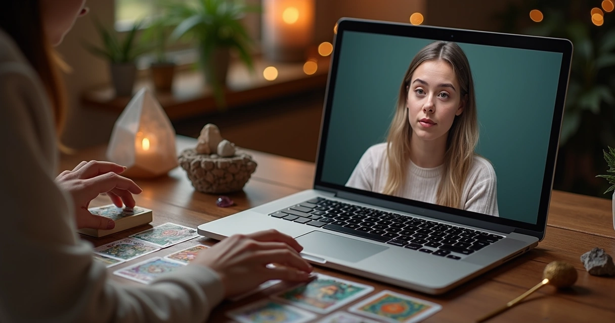 Consultora de tarot atendendo online pelo computador 