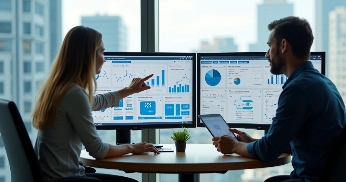 Consultor de TI analisa dados em escritório moderno 