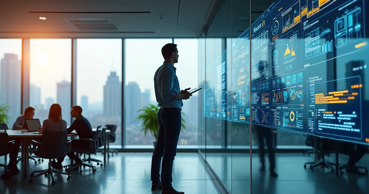 Pessoa analisando painel de monitoramento em escritório moderno 