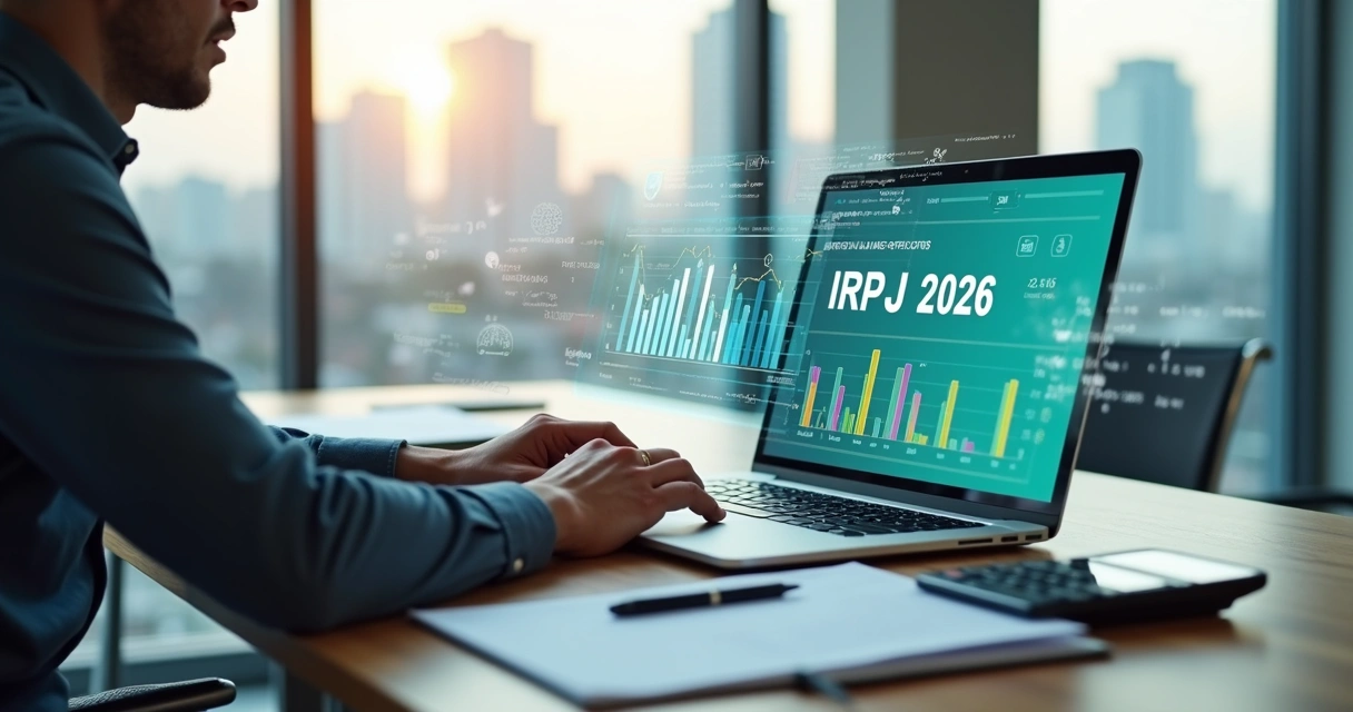 Consultor de TI analisando mudanças no IRPJ em 2026 no notebook 
