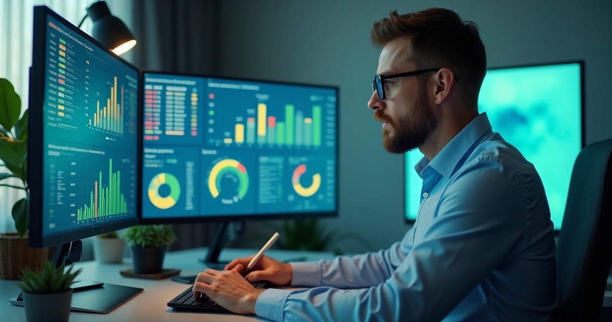 Consultor analisando dados em dashboard financeiro 