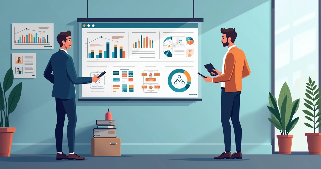 Consultor analisa processos digitais na distribuidora com gestor, mostrando gráficos e fluxogramas em tela