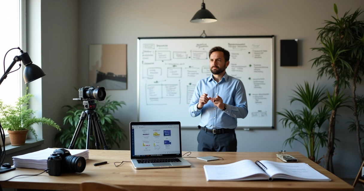 Consultor grava treinamento online em estúdio improvisado com quadro e notebook 