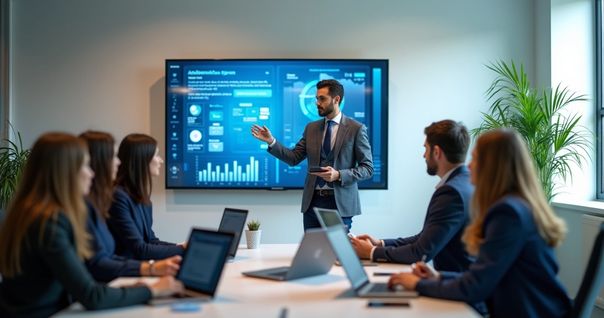 Consultor treinando equipe contábil com computadores 