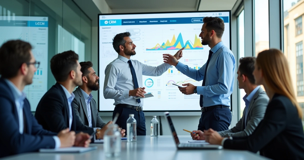 Treinador explicando CRM para equipe de vendas 