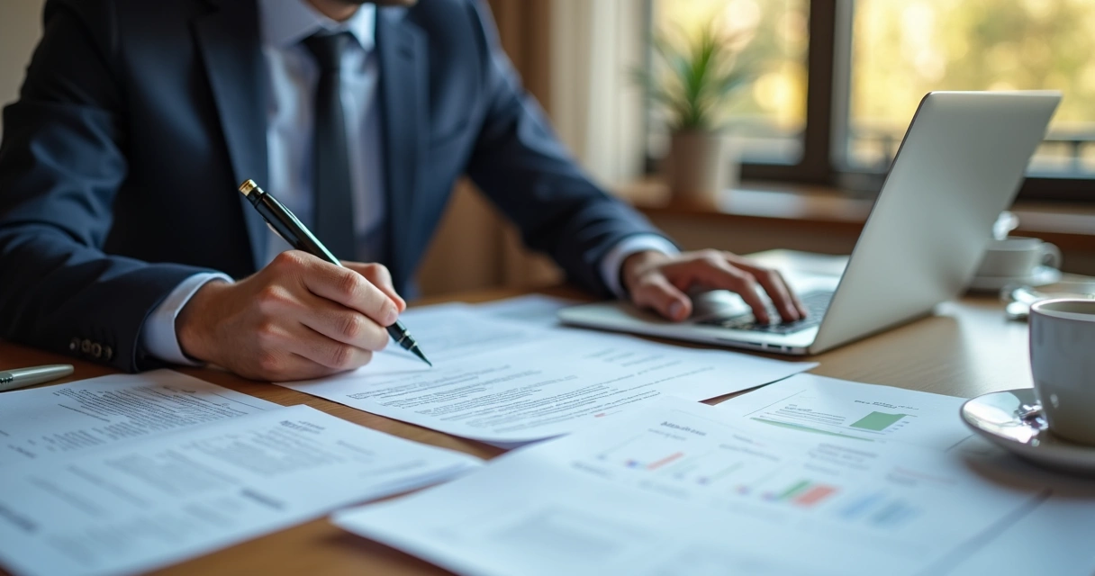 Consultor tributário analisando documentos fiscais 