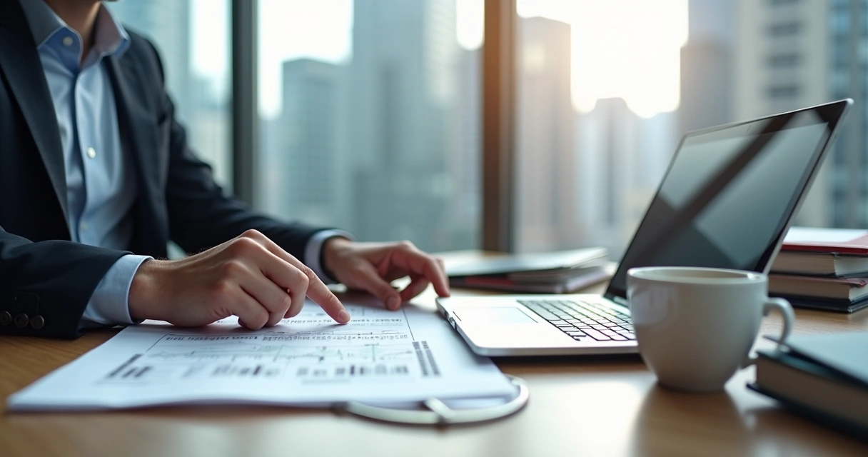 Consultor tributário analisa documentos fiscais em um escritório