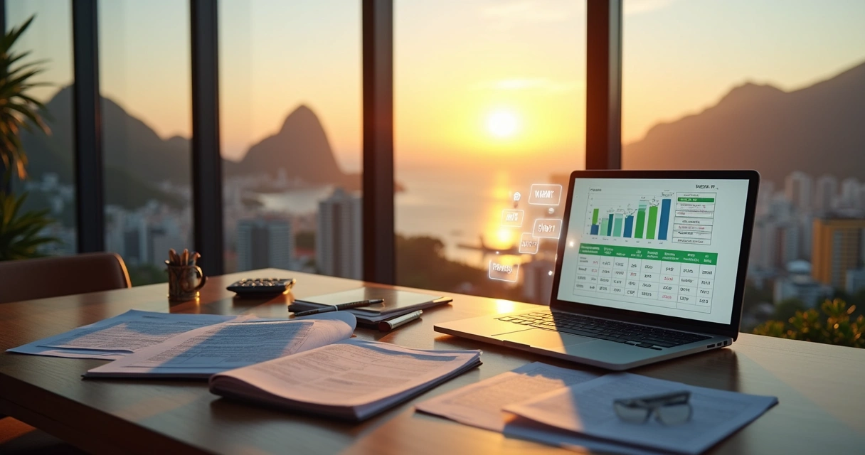 Consultor tributário analisando gráficos com vista para o Rio de Janeiro 