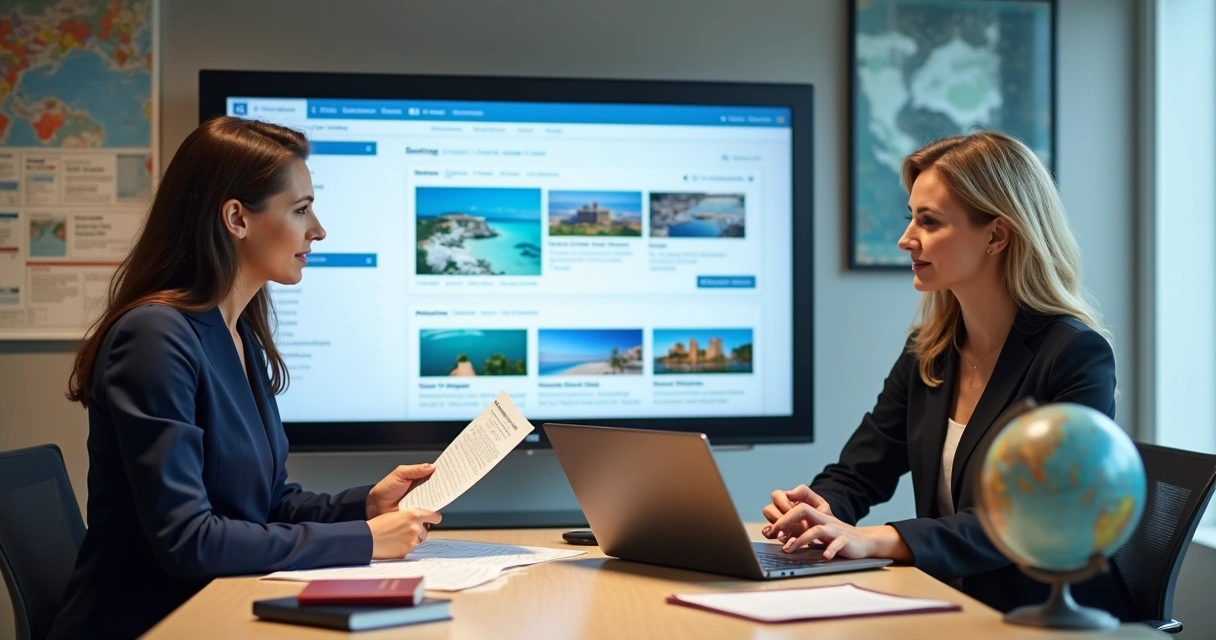 Consultor de viagens em atendimento personalizado com cliente em agência moderna 