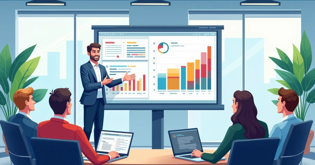 Consultor comercial apresentando gráficos de dados em sala de reunião 