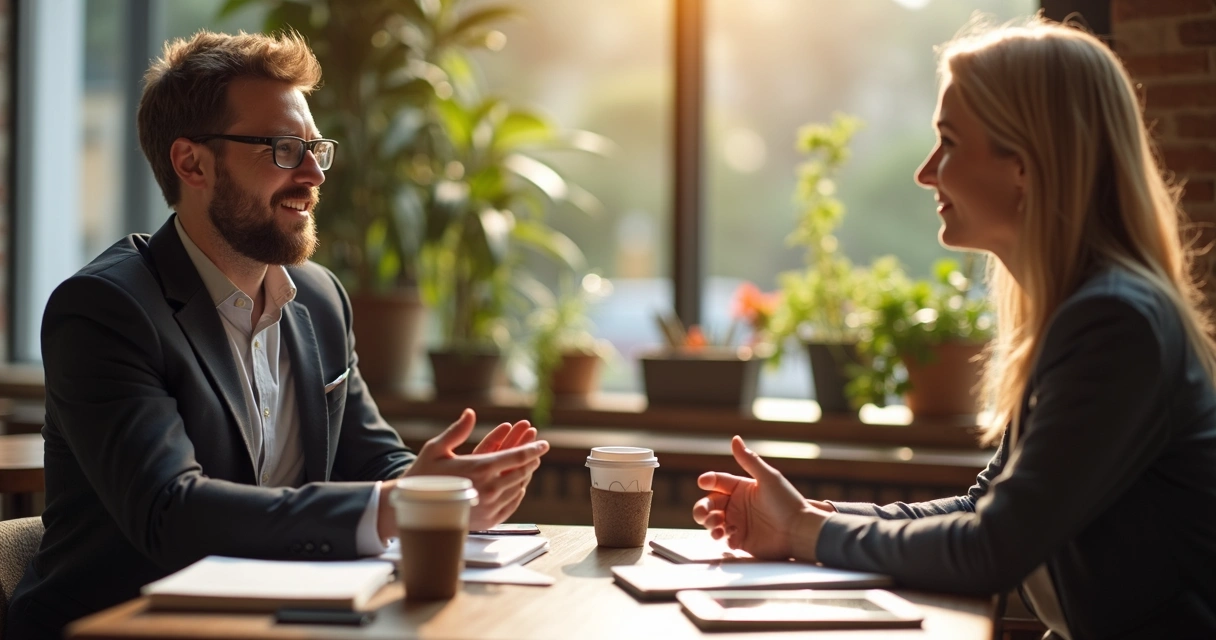 Consultor conversa com cliente em cafeteria, blocos de anotações sobre a mesa 