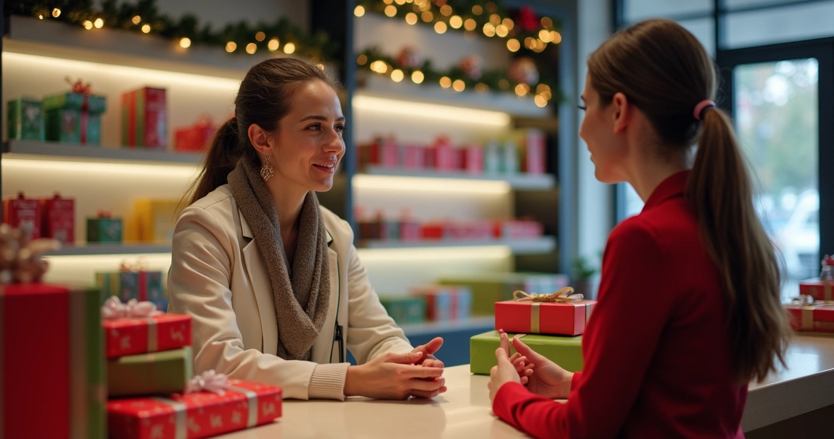 Consultor de vendas conversando com cliente sobre presentes de Natal 