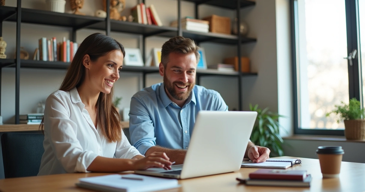 Consultor de viagem sorrindo, atendendo cliente em ambiente moderno, ambos atentos ao notebook 