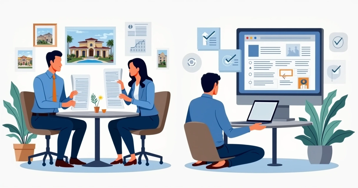 Visual division between an experienced real estate consultant guiding a couple at a table, and next to them, a user alone navigating a digital platform, both surrounded by real estate elements. 