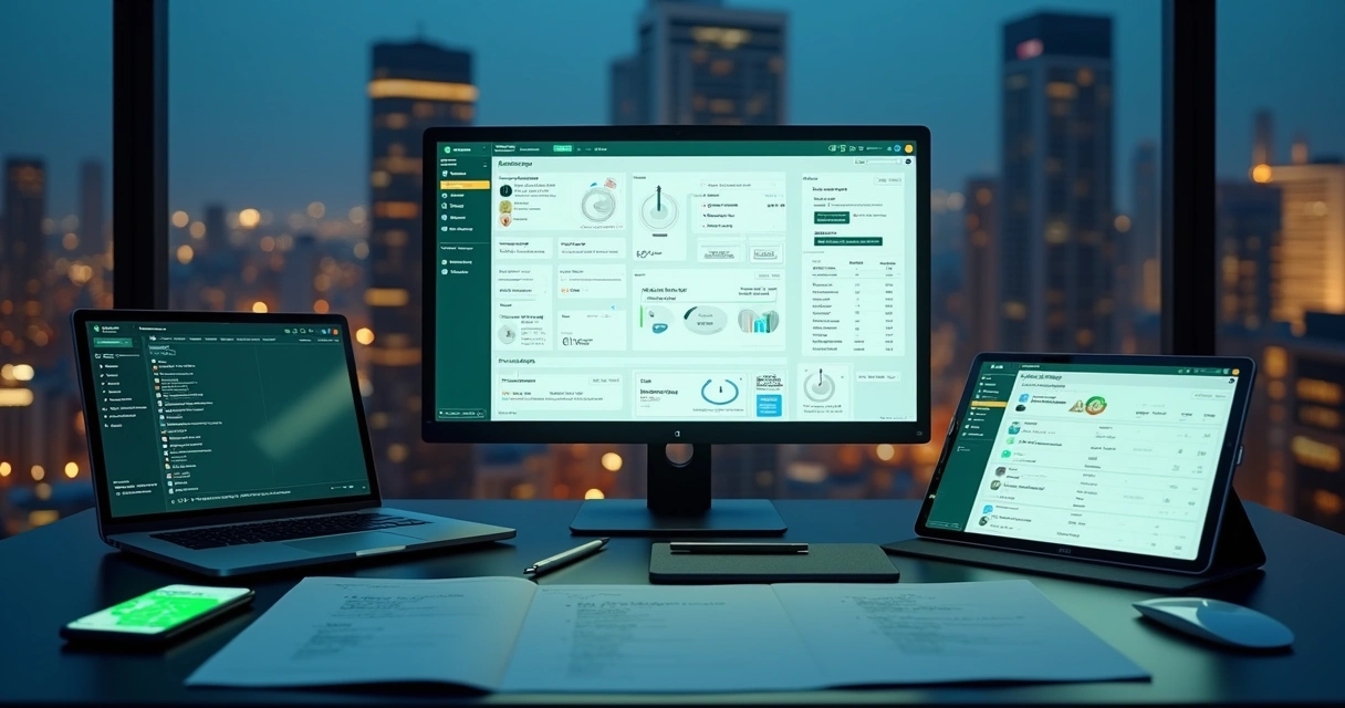 Consultor financeiro usando vários monitores integrados ao WhatsApp como escritório digital 