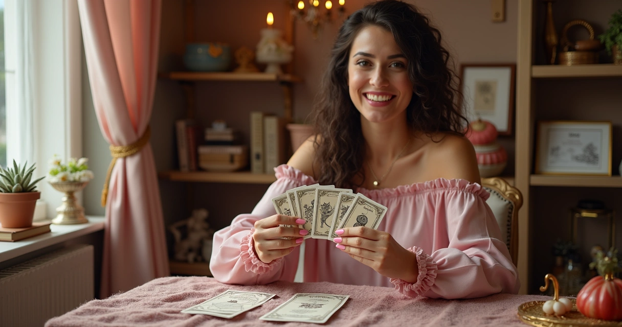 Consultora segurando cartas do baralho cigano e sorrindo 