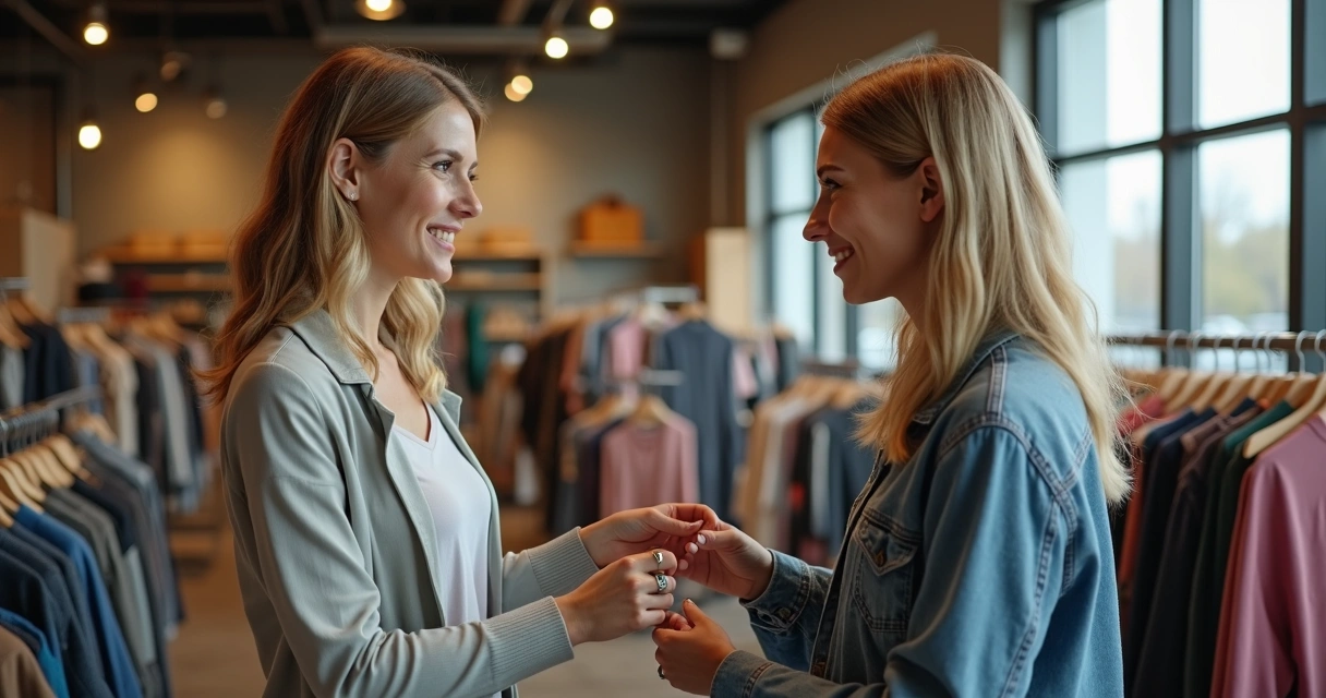 Consultora de moda ajudando cliente em brechó premium 