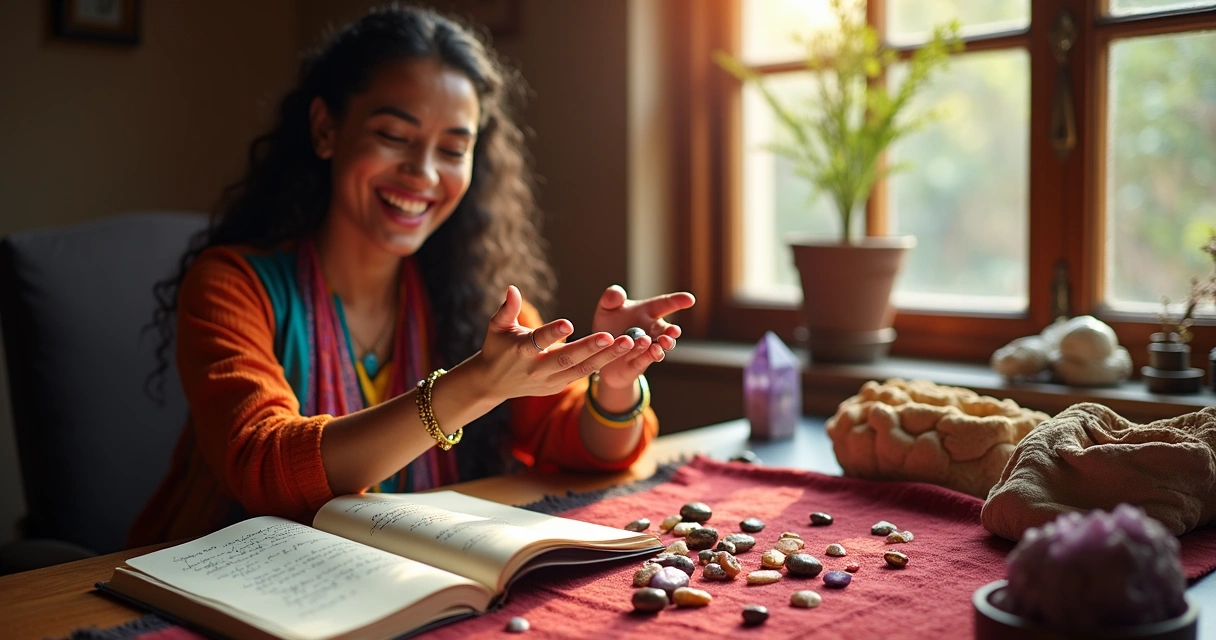 Consultora lançando búzios e sorrindo levemente.