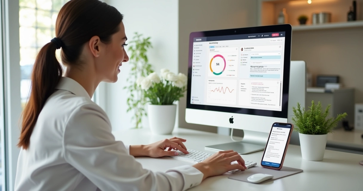 Consultora registrando atendimento em CRM na clínica 